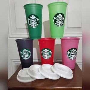 Starbucks 2021 Reusable Beverage 16 fl oz Cups set 5 w 4 lids Hot color change